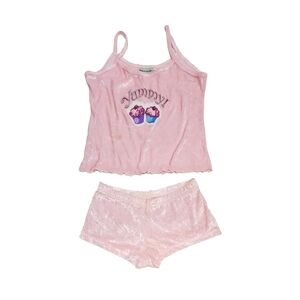 Salmon Pastel Pink Women's Pajama Lounge Shorts Velour Cup Cakes Yummy Set